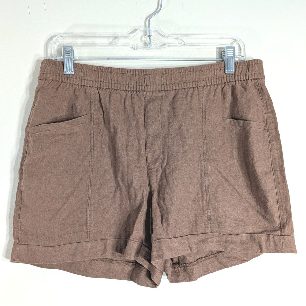 Old Navy Brown Linen Blend Shorts; High Rise Elastic Waist Cuffed Hem